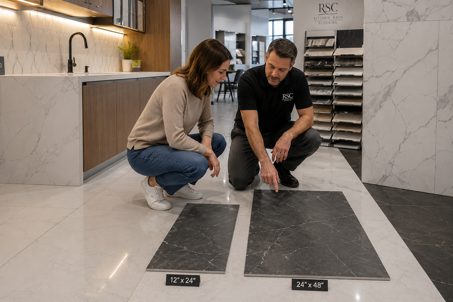 Comparing Marble Tiles in a Modern Showroom Comparing Marble Tiles in a Modern Showroom