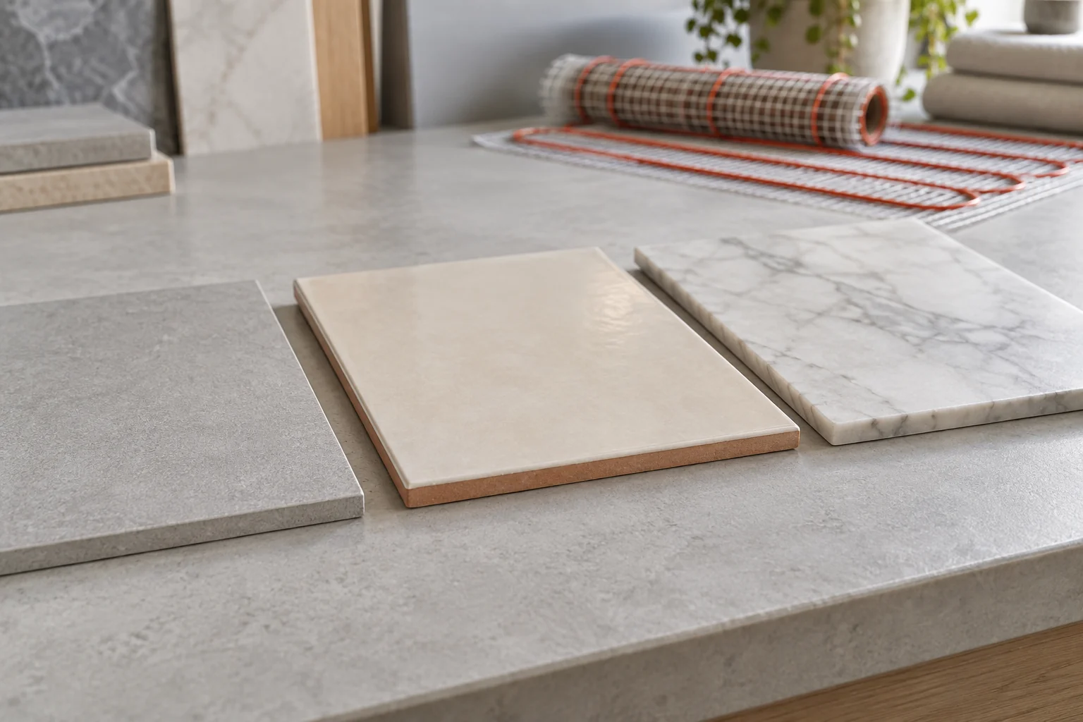 Porcelain, ceramic and natural stone tile samples beside a radiant floor heating display
