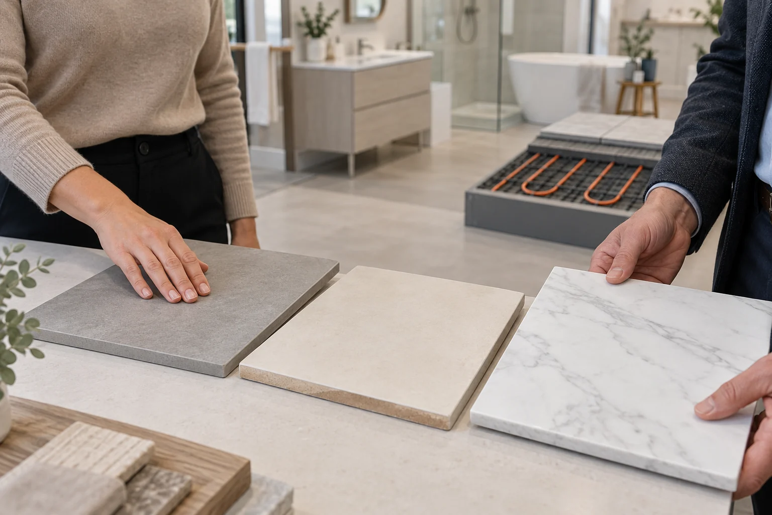 Comparing porcelain, ceramic and marble tile samples during a showroom consultation