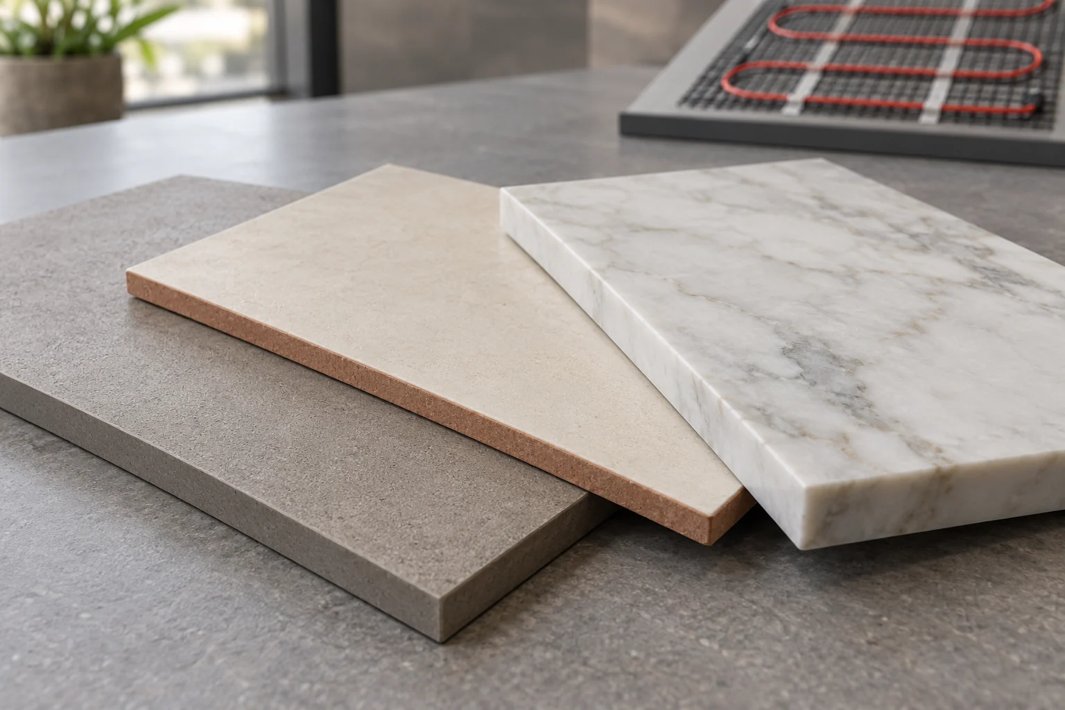 Close-up of porcelain, ceramic and marble sample edges and surface finishes
